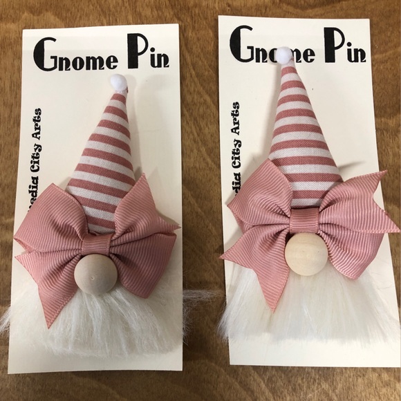 Jewelry - Victorian Gnome Pin Brooch Handmade Gift Guide Bow Magnetic Striped Mauve Girlie